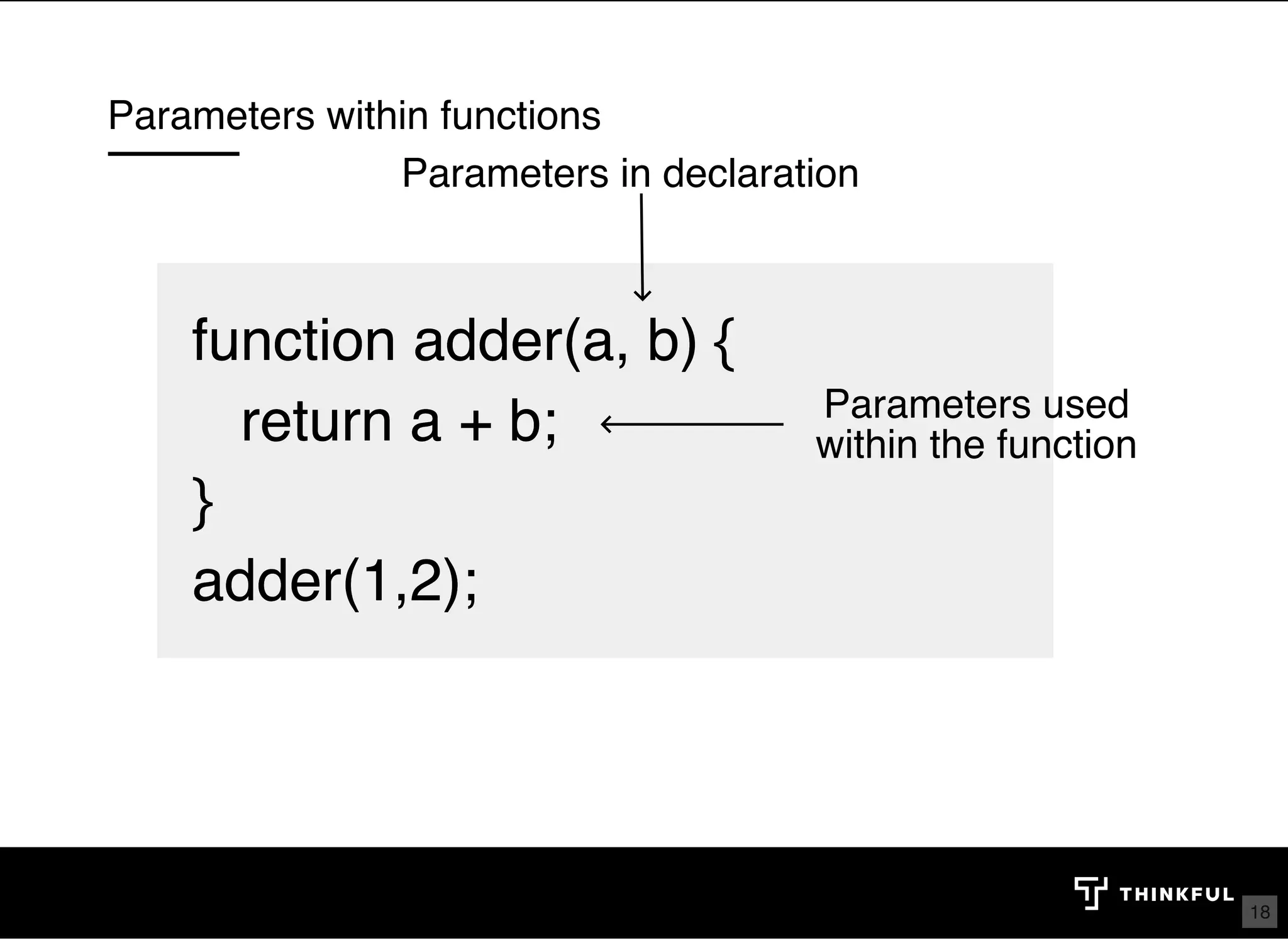 Parameters within functions function adder(a, b) {function adder(a, b) {    return a + b;   return a + b; }} adder(1,2);adder(1,2); Parameters in declaration Parameters used within the function 18 