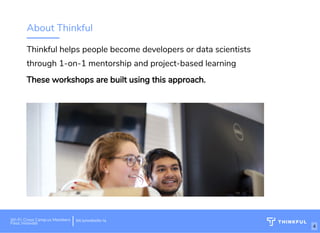 About Thinkful
Thinkful helps people become developers or data scientists
through 1-on-1 mentorship and project-based learning
These workshops are built using this approach.
Wi-Fi: Cross Camp.us Members
Pass: innovate
 
bit.ly/website-la
4
 