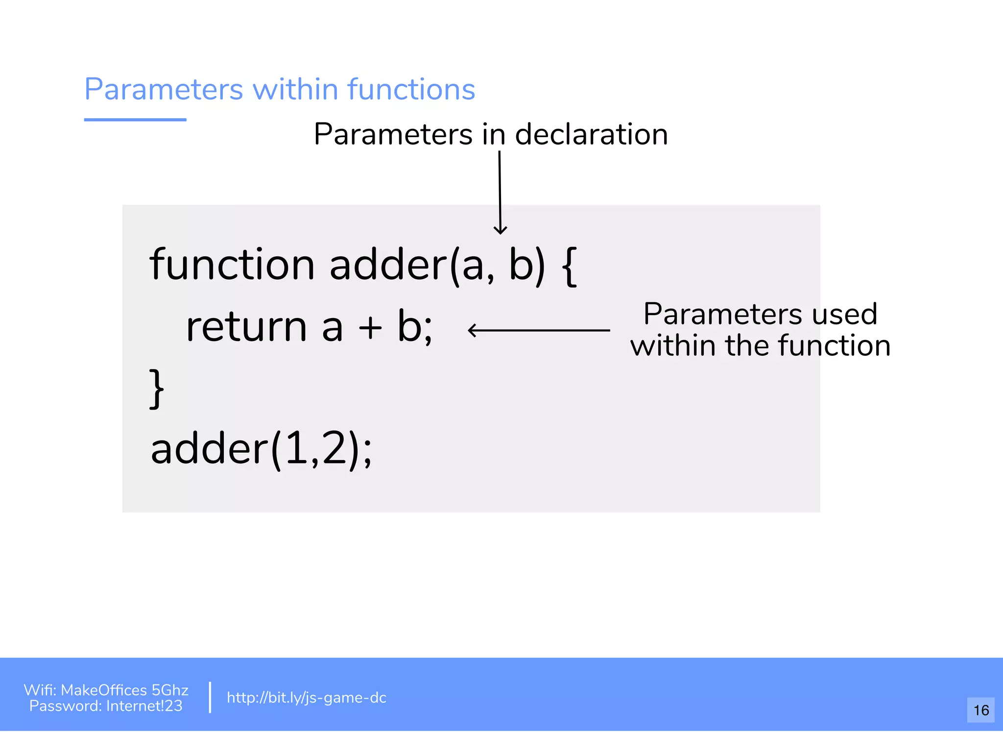 Parameters within functions
function adder(a, b) {
return a + b;
}
adder(1,2);
Parameters in declaration
Parameters used
within the function
Wiﬁ: MakeOfﬁces 5Ghz
Password: Internet!23
http://bit.ly/js-game-dc
16
 