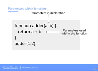 Parameters within functions
function adder(a, b) {
return a + b;
}
adder(1,2);
Parameters in declaration
Parameters used
within the function
Wiﬁ: MakeOfﬁces 5Ghz
Password: Internet!23
http://bit.ly/js-game-dc
16
 