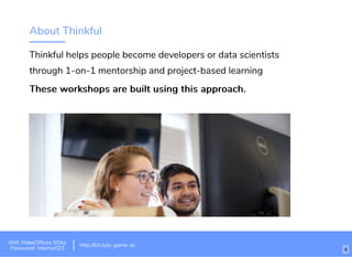 About Thinkful
Thinkful helps people become developers or data scientists
through 1-on-1 mentorship and project-based learning
These workshops are built using this approach.These workshops are built using this approach.
http://bit.ly/tf-js-game-atlhttp://bit.ly/js-game-dc
Wiﬁ: MakeOfﬁces 5Ghz
Password: Internet!23
http://bit.ly/js-game-dc
4
 