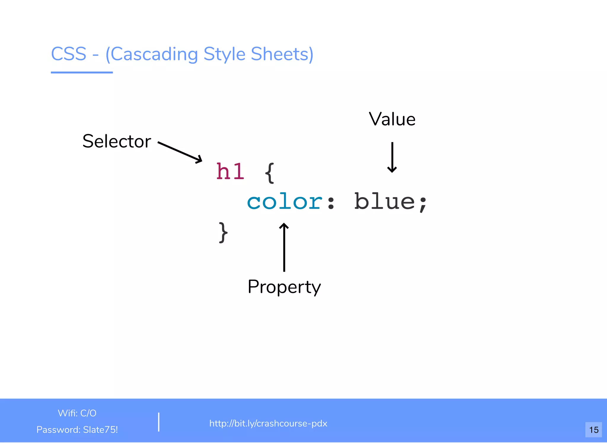 CSS - (Cascading Style Sheets)
h1 {
color: blue;
}
Value
Property
Selector
http://bit.ly/html-crash-course
Wiﬁ: TechSquare Labs
Password: bu1ldsometh1ngb1g
http://bit.ly/crashcourse-pdx
Wiﬁ: C/O
Password: Slate75! 15
 