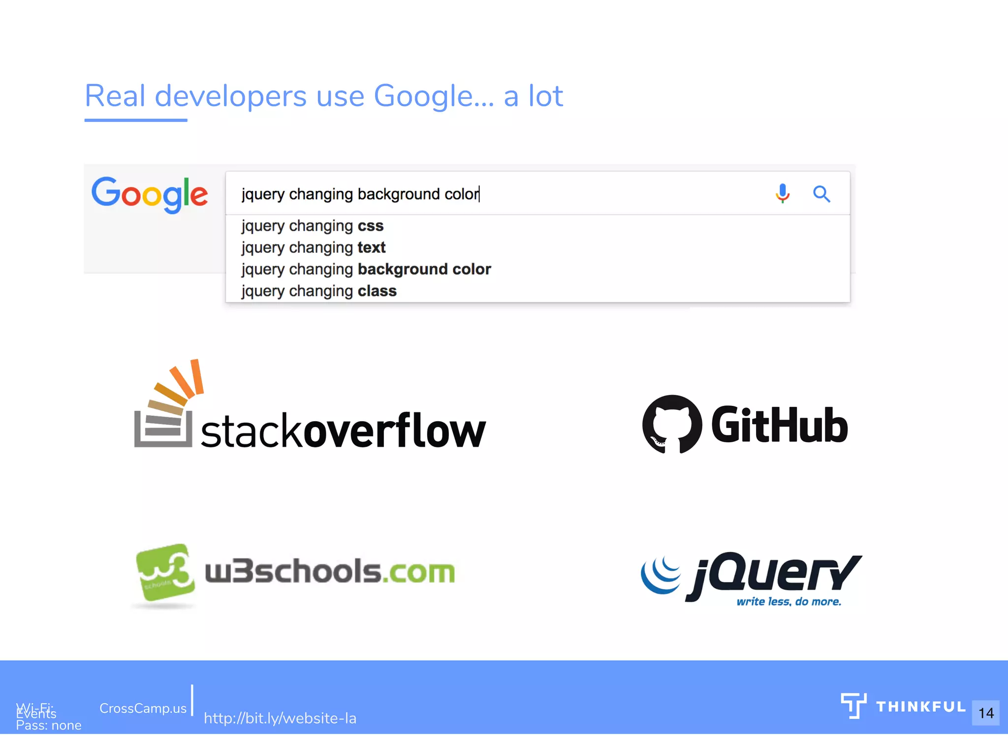 Real developers use Google... a lot Wi-Fi: Digital Ignition Pass: Countdown54321 bit.ly/build-own-website Wi-Fi: CrossCamp.usEvents Pass: none http://bit.ly/website-la 14 