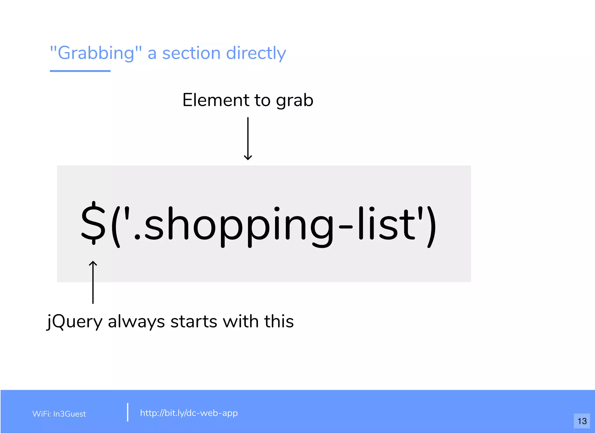 "Grabbing" a section directly
$('.shopping-list')
jQuery always starts with this
Element to grab
WiFi: In3Guest http://bit.ly/dc-web-app
13
 