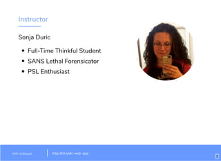 Instructor
Sonja Duric
Full-Time Thinkful Student
SANS Lethal Forensicator
PSL Enthusiast
WiFi: In3Guest http://bit.ly/dc-web-app
2
 