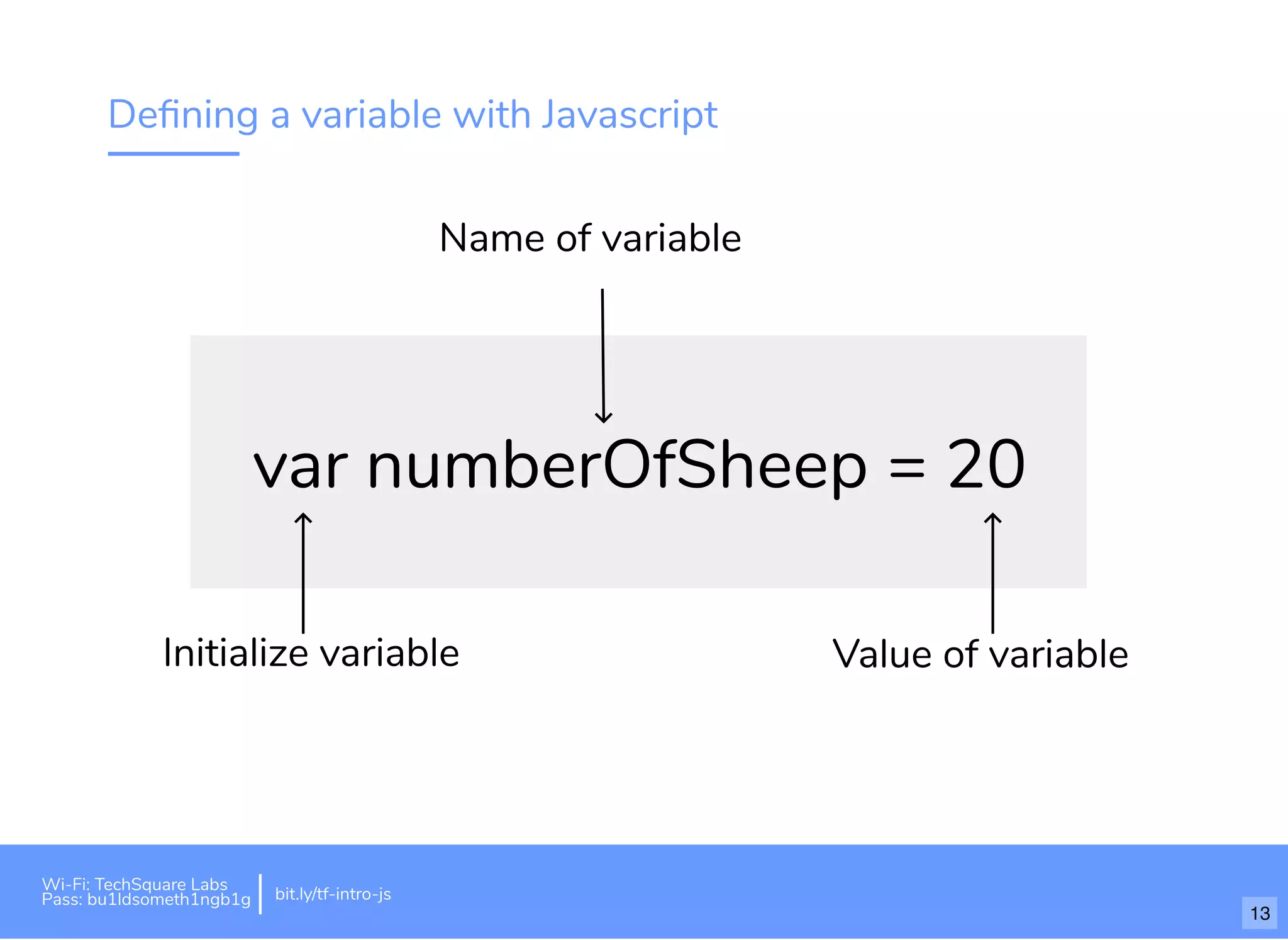 Deﬁning a variable with Javascript
var numberOfSheep = 20
Initialize variable
Name of variable
Value of variable
Wi-Fi: TechSquare Labs
Pass: bu1ldsometh1ngb1g bit.ly/tf-intro-js
13
 