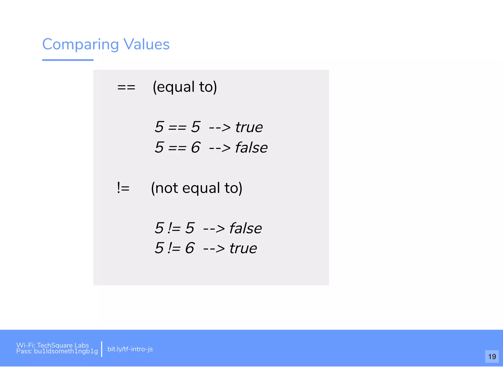 Comparing Values
== (equal to)
5 == 5 --> true
5 == 6 --> false
!= (not equal to)
5 != 5 --> false
5 != 6 --> true
Wi-Fi: TechSquare Labs
Pass: bu1ldsometh1ngb1g bit.ly/tf-intro-js
19
 
