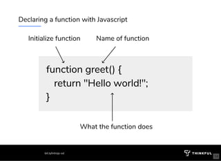 Declaring a function with Javascript
function greet() {function greet() {
   return "Hello world!";   return "Hello world!";
}}
Initialize function Name of function
What the function does
bit.ly/introjs-sd
14
 