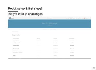 Repl.it setup & ﬁrst steps!
bit.ly/tf-intro-js-challenges
19
 