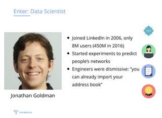 Enter: Data Scientist
Jonathan Goldman
Joined LinkedIn in 2006, only
8M users (450M in 2016)
Started experiments to predict
people’s networks
Engineers were dismissive: “you
can already import your
address book”
 