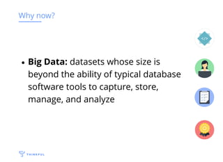 Why now?
Big Data: datasets whose size is
beyond the ability of typical database
software tools to capture, store,
manage, and analyze
 