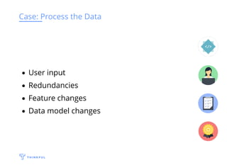 Case: Process the Data
User input
Redundancies
Feature changes
Data model changes
 