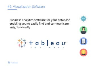 #2: Visualization Software
Business analytics software for your database
enabling you to easily ﬁnd and communicate
insights visually
 