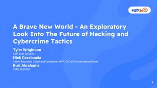 A Brave New World - An Exploratory
Look Into The Future of Hacking and
Cybercrime Tactics
Tyler Wrightson
CEP, Leet Security
Nick Cavalancia
4-time Microsoft Cloud and Datacenter MVP, CEO of Conversational Geek
Kurt Abrahams
CMO, MSP360
1
1
 