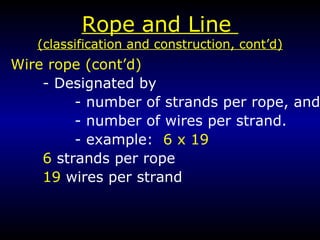 Rope and Line  (classification and construction, cont’d) Wire rope (cont’d) - Designated by  - number of strands per rope, and - number of wires per strand. - example:  6 x 19 6  strands per rope 19  wires per strand 