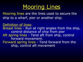 Mooring Lines Mooring lines  are the lines used to secure the ship to a wharf, pier or another ship.  Definition of lines : Breast lines  - Run at right angles from the ship, control distance of ship from pier Aft spring lines  - Tend aft from ship, control  forward movement. Forward spring lines  - Tend forward from the  ship, control aft movement 