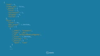 {
"took": 6,
"timed_out": false,
"_shards": {
"total": 5,
"successful": 5,
"skipped": 0,
"failed": 0
},
"hits": {
"total": 64,
"max_score": 3.2049506,
"hits": [
{
"_index": "starwars",
"_type": "_doc",
"_id": "0vVdy2IBkmPuaFRg659y",
"_score": 3.2049506,
"_routing": "1",
"_source": {
"word": "Luke"
}
},
...
 