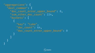 "aggregations": {
"most_common": {
"doc_count_error_upper_bound": 0,
"sum_other_doc_count": 224,
"buckets": [
{
"key": "Luke",
"doc_count": 64,
"doc_count_error_upper_bound": 0
}
]
}
}
 