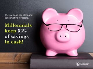 They’re cash hoarders and
conservative investors.
Millennials
keep 52%
of savings
in cash!
Source: 	 The Intelligence Grou...