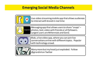 Emerging	
  Social	
  Media	
  Channels
Live	
  video	
  streaming	
  mobile	
  app	
  that	
  allows	
  audiences	
  
to	...