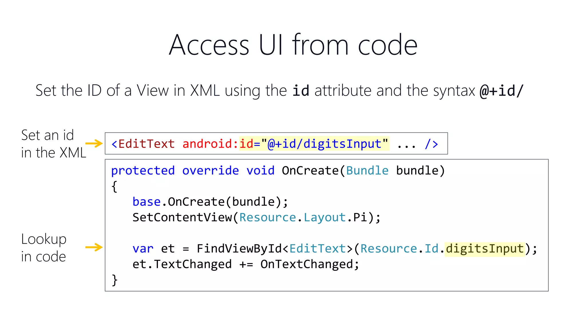 Set the ID of a View in XML using the id attribute and the syntax @+id/ Access UI from code <EditText android:id="@+id/digitsInput" ... /> Set an id in the XML protected override void OnCreate(Bundle bundle) { base.OnCreate(bundle); SetContentView(Resource.Layout.Pi); var et = FindViewById<EditText>(Resource.Id.digitsInput); et.TextChanged += OnTextChanged; } Lookup in code 