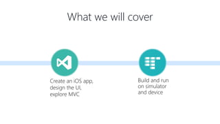 What we will cover
Create an iOS app,
design the UI,
explore MVC
Build and run
on simulator
and device
 