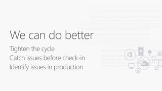 We can do better
Tighten the cycle
Catch issues before check-in
Identify issues in production
 