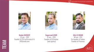Ulric LE GRAND
40 ans - CFO
Co-founder of Zenbus
Founder of Proximea
Nicolas DAVOUST
33 ans - CEO
Founder & CTO LesParrains.fr &
245friends.com
Enguerrand LEGER
37 ans – CCO
Founder of ELCréation
(web agency)
23
@MatinDigital #CantineNantes #LesPetitsAteliiers
 