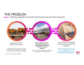 7 All rights reserved @Rail Vision 2022
Obstacles and faulty
railway infrastructure.
Huge infrastructure investments - the total
investment in railway track infrastructures in
the European Union in 2016 was € 32 billion*
Severe railway accidents -
the braking distance is
substantially longer than
the driver’s visual
capacity.
2019 - over 1,552 severe railway accidents in
the European Union countries alone.**
Loss of life and substantial
financial losses for the train
companies.
**https://www.era.europa.eu/sites/default/files/library/do
cs/safety_interoperability_progress_reports/report_on_rail
way_safety_and_interoperability_in_the_eu_2020_en.pdf
*https://www.cedelft.eu/assets/upload/file/Rapporten/2019/
CE_Delft_4K83_Overview_transport_infrastructure_expenditu
res_costs_Final.pdf
THE PROBLEM
Railway accidents, loss of life and financial losses for train companies
 