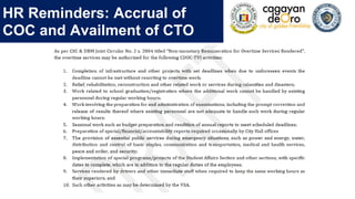 HR Reminders: Accrual of
COC and Availment of CTO