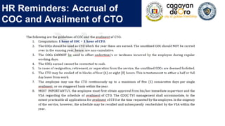 HR Reminders: Accrual of
COC and Availment of CTO