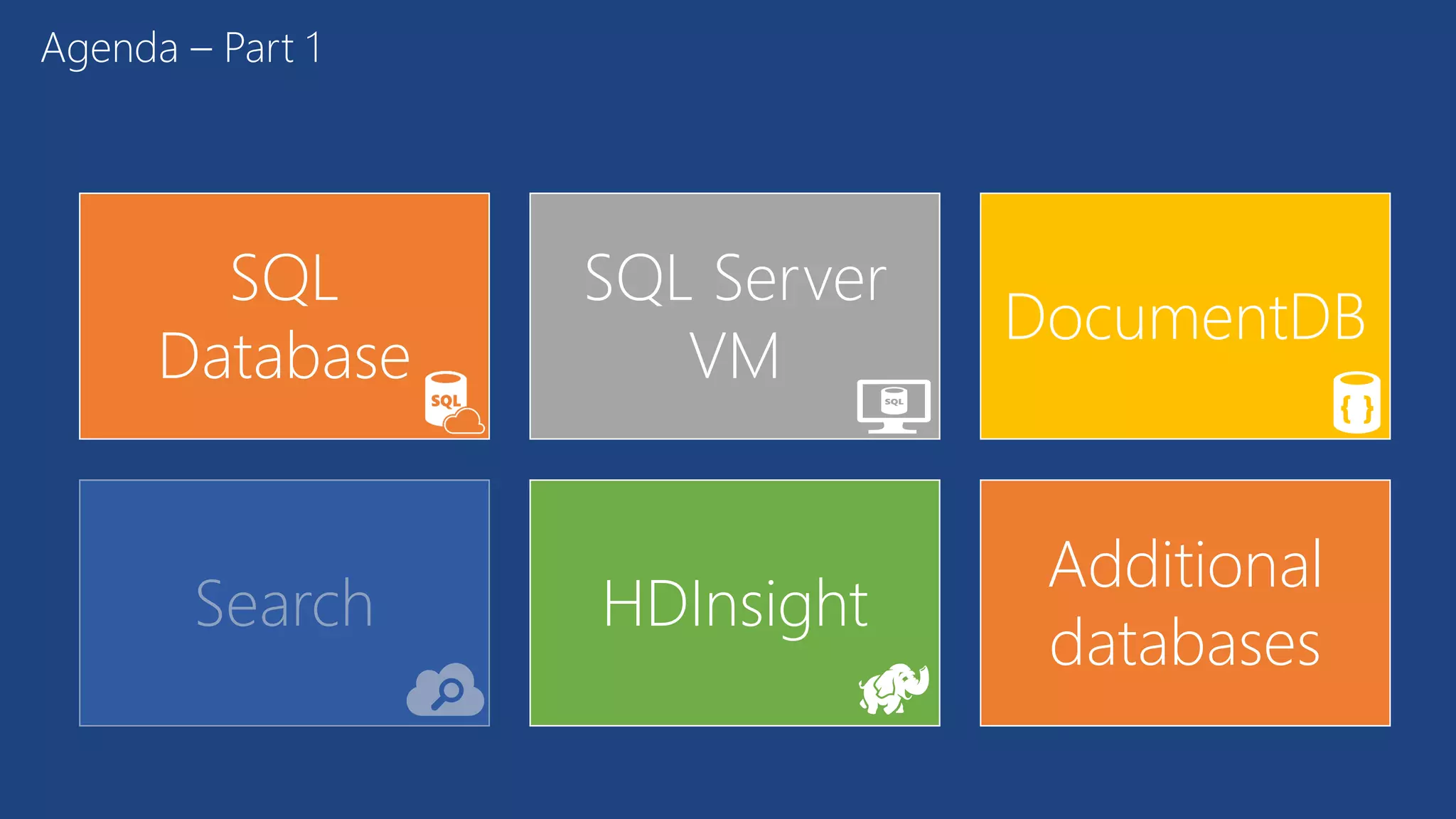 SQL
Database
SQL Server
VM
DocumentDB
Search HDInsight
Additional
databases
Agenda – Part 1
 