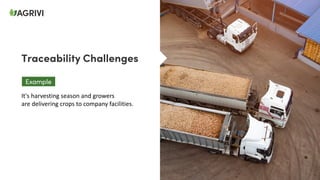 Traceability Challenges
It's harvesting season and growers
are delivering crops to company facilities.
Example
 