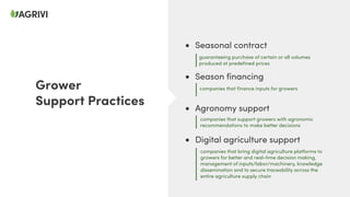 Grower
Support Practices
• Seasonal contract
• Season financing
• Agronomy support
• Digital agriculture support
guaranteeing purchase of certain or all volumes
produced at predefined prices
companies that finance inputs for growers
companies that support growers with agronomic
recommendations to make better decisions
companies that bring digital agriculture platforms to
growers for better and real-time decision making,
management of inputs/labor/machinery, knowledge
dissemination and to secure traceability across the
entire agriculture supply chain
 