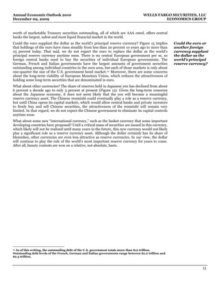 Annual Economic Outlook 2010                                                          WELLS FARGO SECURITIES, LLC
December 09, 2009                                                                              ECONOMICS GROUP


worth of marketable Treasury securities outstanding, all of which are AAA rated, offers central
banks the largest, safest and most liquid financial market in the world.
Could the euro supplant the dollar as the world’s principal reserve currency? Figure 15 implies         Could the euro or
that holdings of the euro have risen steadily from less than 20 percent 10 years ago to more than       another foreign
25 percent today. That said, we do not expect the euro to replace the dollar as the world’s             currency supplant
principal reserve currency anytime soon. There is no central European government per se, so             the dollar as the
foreign central banks need to buy the securities of individual European governments. The                world’s principal
German, French and Italian governments have the largest amounts of government securities                reserve currency?
outstanding among individual countries in the euro area, but each of those markets is only about
one-quarter the size of the U.S. government bond market. 12 Moreover, there are some concerns
about the long-term viability of European Monetary Union, which reduces the attractiveness of
holding some long-term securities that are denominated in euro.
What about other currencies? The share of reserves held in Japanese yen has declined from about
6 percent a decade ago to only 3 percent at present (Figure 15). Given the long-term concerns
about the Japanese economy, it does not seem likely that the yen will become a meaningful
reserve currency asset. The Chinese renminbi could eventually play a role as a reserve currency,
but until China opens its capital markets, which would allow central banks and private investors
to freely buy and sell Chinese securities, the attractiveness of the renminbi will remain very
limited. In that regard, we do not expect the Chinese government to eliminate its capital controls
anytime soon.
What about some new “international currency,” such as the basket currency that some important
developing countries have proposed? Until a critical mass of securities are issued in this currency,
which likely will not be realized until many years in the future, this new currency would not likely
play a significant role as a reserve currency asset. Although the dollar certainly has its share of
blemishes, other currencies are even less attractive as reserve currencies. In our view, the dollar
will continue to play the role of the world’s most important reserve currency for years to come.
After all, beauty contests are won on a relative, not absolute, basis.




12As of this writing, the outstanding debt of the U.S. government totals more than $12 trillion.
Outstanding debt levels of the French, German and Italian governments range between $2.0 trillion and
$2.5 trillion.



                                                                                                                      15
 