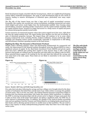 Annual Economic Outlook 2010                                                                                                                 WELLS FARGO SECURITIES, LLC
December 09, 2009                                                                                                                                     ECONOMICS GROUP


Retail development largely coincided with the housing boom, which saw neighborhood shopping
centers follow residential development. The surge in retail development help set off a boom in
imports, leading to massive development of industrial space, particularly near many major
seaports.
The flip side of that import boom was that a huge pool of capital accumulated overseas.
Eventually, this surplus was recycled into various investments, including commercial real estate,
which helped push prices much higher than the fundamentals justified. Once housing values
started falling, consumer spending quickly wound down and the capital markets stumbled. With
the capital markets frozen, investors no longer had access to a cheap source of capital and prices
for commercial properties quickly turned south.
Various measures of commercial property values show prices topped out in late 2007, right about
the time the capital markets froze. We expect further price declines over the next 18 months, as
sales of distressed properties increase. The largest drops will continue to be in areas where
housing weakened the most, including Florida, southern California, Arizona and Nevada. Office
buildings and shopping centers remain exceptionally vulnerable as employment is still falling,
and discretionary consumer spending remains on the back burner.
Righting the Ship: The Dynamics of Real Estate Workout
Despite today’s declining property values and deteriorating fundamentals for commercial real                                                                       The fire-sale deals
estate, the improvement in the financial markets throughout 2009 has allowed REITS to raise a                                                                      that followed the
significant amount of capital. So far, Real Estate Investment Trusts (REITS) and private equity                                                                    savings and loan
firms have had a difficult time putting their capital to work, because there is still a wide gap                                                                   crisis back in the
between what people are willing to pay for properties and what sellers are willing to take for them.                                                               early 1990s are not
Many potential buyers appear to be waiting for the fire-sale deals that followed the savings and                                                                   likely to
loan crisis back in the early 1990s. Those deals are not likely to materialize to the same extent                                                                  materialize to the
they did then.                                                                                                                                                     same extent they
                                                                                                                                                                   did then.
Figure 23                                                                       Figure 24
              Moody's Real Commercial Property Price Index                                             S&P Case-Shiller Home Prices
                           Year-over-Year Percent Change                                                   Percent Decline from Local Market Peak

25%                                                                      25%            Dallas         4.7%
                                                                                       Denver             7.7%
20%                                                                      20%         Charlotte                11.8%
                                                                                    Cleveland                    14.4%
15%                                                                      15%           Boston                    14.7%
                                                                                       Atlanta                       18.5%
10%                                                                      10%    New York City                         19.2%
                                                                                      Portland                        19.7%
 5%                                                                      5%           Chicago                           21.6%
                                                                                       Seattle                           22.5%
                                                                                  Minneapolis                                27.0%
 0%                                                                      0%
                                                                                  Washington                                  28.1%
                                                                                   San Diego                                              38.2%
 -5%                                                                     -5%
                                                                                San Francisco                                             38.6%
                                                                                  Los Angeles                                             38.7%
-10%                                                                     -10%
                                                                                       Tampa                                                40.1%
                                                                                       Detroit                                                42.6%
-15%                                                                     -15%
                                                                                        Miami                                                     46.7%
                                                                                      Phoenix                                                          52.0%
-20%                                                                     -20%
                                                                                    Las Vegas                                                              55.4%

-25%                                                                     -25%            C-10                                    29.9%
                 Commercial Property: Q2 @ -26.9%
                                                                                         C-20                                   29.3%
-30%                                                                     -30%
       2002     2003    2004     2005     2006      2007   2008   2009                           0%   5% 10% 15% 20% 25% 30% 35% 40% 45% 50% 55% 60% 65%



Source: Moody’s, S&P Corp. and Wells Fargo Securities, LLC
Fire-sales that took place following the savings and loan collapse were brought about by the sheer
number of institutions that failed then and the lack of any viable entities to manage the portfolio
of seized assets. This is not the case today. The Federal Deposit Insurance Corporation (FDIC) is
forming joint loss-sharing partnerships with banks that acquire failed institutions. In addition,
the FDIC is entering into partnerships with the private sector to dispose of larger asset pools that
it takes on from some of the larger bank failures. By taking a significant stake, the FDIC has an
active interest in minimizing losses. In addition, the changes in the mark-to-market accounting
rules and new guidance from the Treasury and Federal Reserve are helping banks extend loans on
their books and by allowing special servicers to modify loans in their portfolios. The net result is
there is less urgency to dump underperforming properties today than there was at this stage of
earlier cycles.



                                                                                                                                                                                  19
 