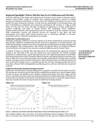 Annual Economic Outlook 2010                                                                                                                  WELLS FARGO SECURITIES, LLC
December 09, 2009                                                                                                                                      ECONOMICS GROUP



Regional Spotlight: Where Did the Sun Go in California and Florida?
From the sailboats in San Diego and seafood in San Francisco to the resorts in Orlando and the
beaches across Florida, visions of sunshine have inspired generations to dream of endless
summers in California and Florida. In 2007, winter hit. California and Florida were two of the
hardest hit states during the recession, as both were key participants in the housing boom and
bust. Overbuilding in residential and commercial construction will continue to weigh on both
states over the next few years, but signs of growth are beginning to emerge, particularly in
northern California and parts of central Florida. The technology sector, healthcare,
defense-related industries and international trade are expected to lead the economic recovery,
while construction, tourism and financial services are expected to lag. State and local
governments will remain under intense pressure due to continuing shortfalls in revenues,
particularly sales tax collections and property tax receipts.
California: Cyclical Recovery
Somewhat surprising, California’s economy appears to be better positioned for economic growth
than Florida. California manufacturing surveys returned to expansion in the third quarter, and
California technology companies have been reporting strong third-quarter earnings and improved
sales outlooks for the coming quarters. This will be a key growth driver for northern California.
Growth will take a bit longer to turn around in southern California and the Central Valley.
A number of factors are behind this improving trend. For manufacturing, aggressive inventory                                                                           A weak dollar and
cutting in the first half of the year has slowed and some businesses are actually boosting                                                                             strong demand
production to replenish them, a good sign that businesses see stable demand ahead. A weak dollar                                                                       from Asia is
and strong demand from Asia is boosting California exports and helping California businesses get                                                                       boosting California
back on their feet. Lower food and energy prices and the moderation in housing costs are giving                                                                        exports.
workers real improvement in their buying power. Those that have held on to their jobs have seen
their real hourly earnings rise at a 5 percent growth rate, the best earnings growth rate seen in
more than a decade. This is helping bolster purchasing power, and core retail sales have improved
modestly.
California Housing: Sustained Improvement?
California’s housing market is slowly shifting from a negative to positive for the state’s economy.
The foreclosure moratoria and the federal loan modification program have clearly helped reduce
for-sale inventory and stabilize prices. Median existing home prices have been rising, and the
year-to-year decline in home prices has decelerated back into the high single digits. While the rise
in home sales, the decline in inventories and rebound in home prices are welcome improvements,
they may overstate the extent of improvement in California’s housing markets.
Figure 25                                                                             Figure 26
          California Existing Homes Sales & Prices                                               California Existing Homes Inventory
          Thousands of Units, Thousands of Dollars, 3-Month Moving Average                                  Months Supply, 3-Month Moving Average
700                                                                            $700   18                                                                          18
           California Sales: Oct @ 540.2 (Left Axis)
           California Prices: Oct @ $293.1 (Right Axis)                               16                                                                          16
600                                                                            $600
                                                                                      14                                                                          14


500                                                                            $500   12                                                                          12


                                                                                      10                                                                          10
400                                                                            $400
                                                                                      8                                                                           8


300                                                                            $300   6                                                                           6


                                                                                      4                                                                           4
200                                                                            $200
                                                                                      2                                                                           2
                                                                                                California: Oct @ 4.2 Months
100                                                                            $100   0                                                                           0
   1990   1992   1994    1996    1998     2000    2002    2004   2006   2008           1990   1992   1994     1996   1998      2000   2002   2004   2006   2008



Source: California Association of Realtors Real Estate Trends and Wells Fargo Securities, LLC
One notable problem area is the share of seriously delinquent home mortgages, those loans 90
days or more past due, which has more than doubled over the past year. Separate data from the


                                                                                                                                                                                     21
 