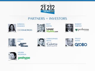 PARTNERS + INVESTORS
ADRIANA             MATT          ROBERT
CISNEROS            COFFIN        CHEFITZ




CORBIN              CHRISTOPHER   PAULO
DAY                 MEYN          NOVIS




HENRIK
WEDERLIN
 