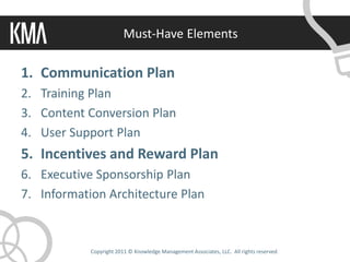 Must-Have Elements

1. Communication Plan
2. Training Plan
3. Content Conversion Plan
4. User Support Plan
5. Incentives and Reward Plan
6. Executive Sponsorship Plan
7. Information Architecture Plan



            Copyright 2011 © Knowledge Management Associates, LLC. All rights reserved.
 