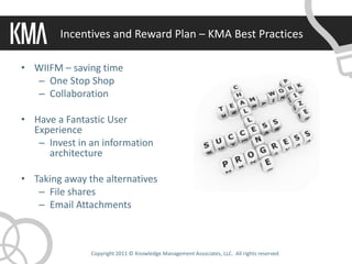 Incentives and Reward Plan – KMA Best Practices

• WIIFM – saving time
  – One Stop Shop
  – Collaboration

• Have a Fantastic User
  Experience
   – Invest in an information
     architecture

• Taking away the alternatives
   – File shares
   – Email Attachments



               Copyright 2011 © Knowledge Management Associates, LLC. All rights reserved.
 