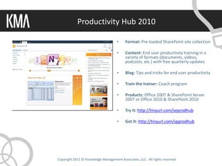 Productivity Hub 2010

                                     •    Format: Pre-loaded SharePoint site collection

                                     •    Content: End user productivity training in a
                                          variety of formats (documents, videos,
                                          podcasts, etc.) with free quarterly updates

                                     •    Blog: Tips and tricks for end user productivity

                                     •    Train the trainer: Coach program

                                     •    Products: Office 2007 & SharePoint Server
                                          2007 or Office 2010 & SharePoint 2010

                                     •    Try It: http://tinyurl.com/seprodhub

                                     •    Get It: http://tinyurl.com/spprodhub




Copyright 2011 © Knowledge Management Associates, LLC. All rights reserved.
 