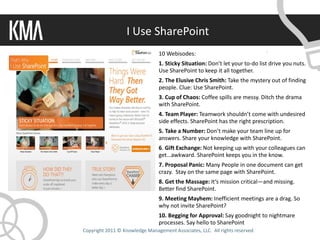 I Use SharePoint




Copyright 2011 © Knowledge Management Associates, LLC. All rights reserved.
 