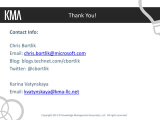 Thank You!

Contact Info:

Chris Bortlik
Email: chris.bortlik@microsoft.com
Blog: blogs.technet.com/cbortlik
Twitter: @cbortlik

Karina Vatynskaya
Email: kvatynskaya@kma-llc.net



                Copyright 2011 © Knowledge Management Associates, LLC. All rights reserved.
 
