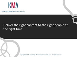 Deliver the right content to the right people at
the right time.




            Copyright 2011 © Knowledge Management Associates, LLC. All rights reserved.
 