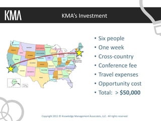 KMA’s Investment


                                             •   Six people
                                             •   One week
                                             •   Cross-country
                                             •   Conference fee
                                             •   Travel expenses
                                             •   Opportunity cost
                                             •   Total: > $50,000


Copyright 2011 © Knowledge Management Associates, LLC. All rights reserved.
 