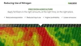 Reducing Use of Nitrogen
PRECISION AGRICULTURE
Apply fertilizers in the right amounts, at the right time, on the right place.
ü Reduced evaporation ü Reduced input use ü Higher profitability ü Lower emissions
 