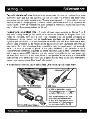 Setting up
www.image-line.com 11
Entrada de Microfones – Pense duas vezes antes de conectar um microfone, voce
realmente quer que sua voz apareca ao vivo no salao? ☺ Porque nao fazer umas
gravacoes com amostras vocais antes “Areeee youuuu readyyyy” etc e coloca elas na
musica misturada pelo programa, com uma mistura perfeita de som? Voce nem esta me
ouvindo esta? OK se vc realmente quer conectar o microfone, mantenha a conversa
com o minimo de pessoas na pista de danca!
Headphone (monitor) mix – E muito util para voce controlar os Decks A ou B
enquanto cueing tracks (e par prever as musicas no Browser ou Playlist [clica duas
vezes na musica]), sem que o som seja passado para as saidas principais do
Deckadance. Aonde estiver escrito headphone symbols on the main interface,
significa que uma saida pode ser mandada para o Monitor mix. Para estabelecer essa
funcao, voce precisara ou do multiple audio devices ou de um soundcard com mais de
uma saida. Se o seu soundcard tiver capacidade para surround-sound, por exemplo,
voce pode usar os canais da parte de tras para alimentar o seu headphone mix e
selecionar eles no Monitor esquerdo ou direito no painel Audio & MIDI. Uma forma mais
facil e usar os varios USB headsets que sao usados com o Skype etc, eles veem com
um microfone embutido e sao microfones e headphones. Esse aparecera como USB
audio device e vai permitir que voce use a opcao PA (do mic) e para voce monitorar o
cueing, sem usar as maos (Se e legal? who cares!).
A maioria dos controles usam conexcoes USB entao oq sao cabos MIDI?
 