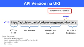 Versão
URI: https://api.cielo.com.br/order-management/v1/orders
HTTP ou
HTTPS
Seu domínio Nome da API
(opcional)
Recursos e
Parâmetros
Outras alternativas:
• Hostname (v1.api.foo.com)
• Query parameter (api.foo.com/v1/bar?version=1)
• Content-type header
• No version
Nunca quebre o cliente!!
API Version na URI
 
