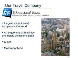 10
Our Travel Company
• Largest student travel
company in the world
• Arrangements with airlines
and hotels across the globe
• Clout!
• Massive network
 