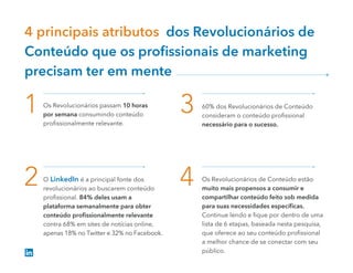 4 principais atributos dos Revolucionários de
Conteúdo que os proﬁssionais de marketing
precisam ter em mente
1 3
2 4
Os Revolucionários passam 10 horas
por semana consumindo conteúdo
proﬁssionalmente relevante.
60% dos Revolucionários de Conteúdo
consideram o conteúdo proﬁssional
necessário para o sucesso.
O LinkedIn é a principal fonte dos
revolucionários ao buscarem conteúdo
proﬁssional. 84% deles usam a
plataforma semanalmente para obter
conteúdo proﬁssionalmente relevante
contra 68% em sites de notícias online,
apenas 18% no Twitter e 32% no Facebook.
Os Revolucionários de Conteúdo estão
muito mais propensos a consumir e
compartilhar conteúdo feito sob medida
para suas necessidades especíﬁcas.
Continue lendo e ﬁque por dentro de uma
lista de 6 etapas, baseada nesta pesquisa,
que oferece ao seu conteúdo proﬁssional
a melhor chance de se conectar com seu
público.
 